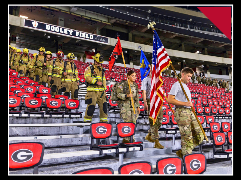 first responders and UGA ROTC in Sanford Stadium for 9/11 stair climb