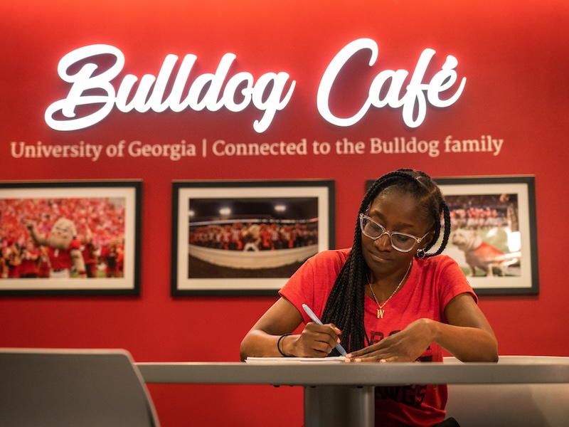 Student studying in Bulldog Cafe