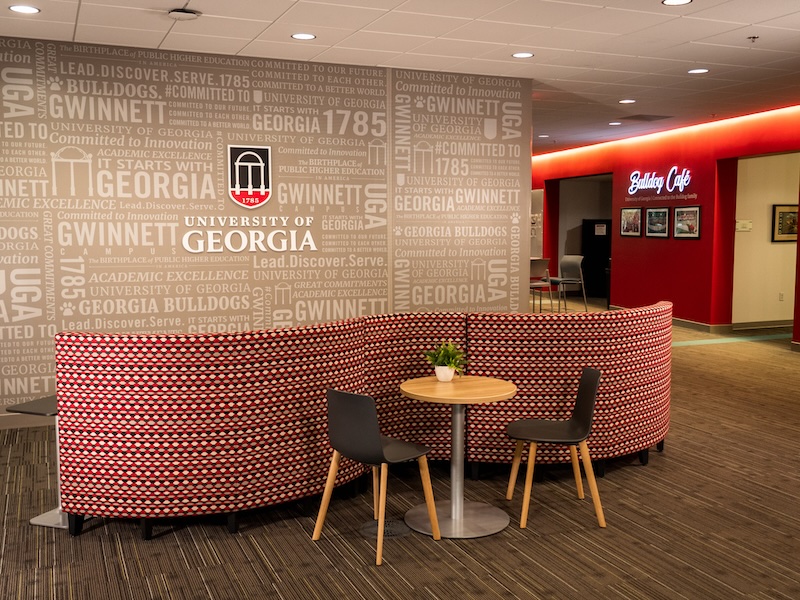 Wide view of word wall and Bulldog Cafe